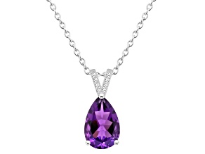 12x8mm Pear Shape Amethyst With Diamond Accents Rhodium Over Sterling Silver Pendant with Chain