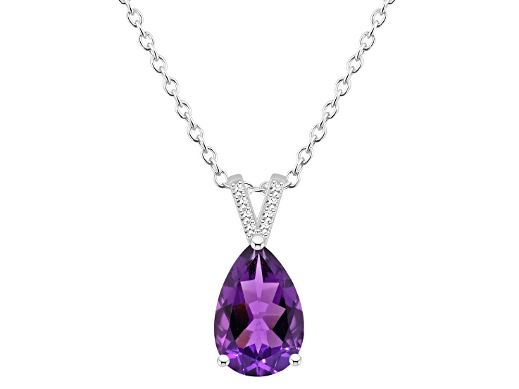 12x8mm Pear Shape Amethyst With Diamond Accents Rhodium Over Sterling Silver Pendant with Chain