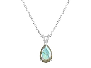 12x8mm Pear Shape Labradorite With Diamond Accents Rhodium Over Sterling Silver Pendant with Chain
