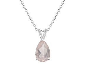12x8mm Pear Shape Rose Quartz With Diamond Accents Rhodium Over Sterling Silver Pendant with Chain