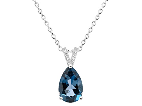 12x8mm Pear Shape London Blue Topaz With Diamond Accents Rhodium Over Sterling Pendant with Chain