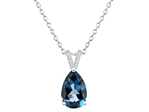 12x8mm Pear Shape London Blue Topaz With Diamond Accents Rhodium Over Sterling Pendant with Chain