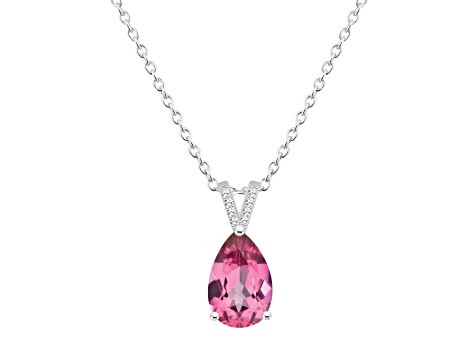 12x8mm Pear Shape Pink Topaz With Diamond Accents Rhodium Over Sterling Silver Pendant with Chain