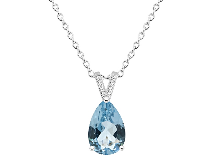 12x8mm Pear Shape Sky Blue Topaz With Diamond Accents Rhodium Over Sterling Silver Pendant w/ Chain