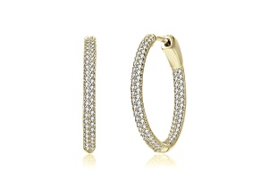 Clear Cubic Zirconia, 14k Yellow Gold Plated over Sterling Silver Slim Pave Hoop Earrings