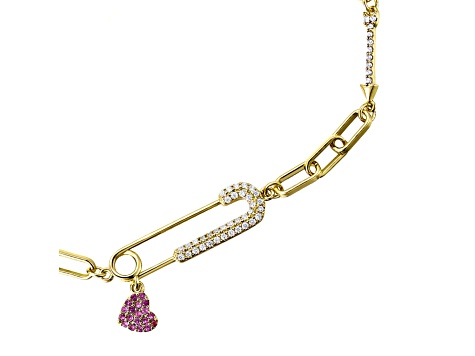Pink CZ, Kids/Teens 14k Gold Plated over Brass Safety Pin Dangle Heart Charm Bracelet