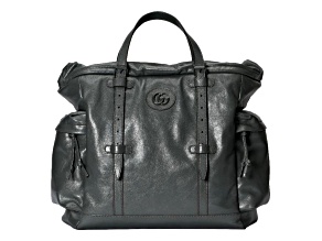 Gucci Gray Leather Drawstring Tote Bag With Tonal Double G Logo