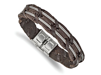 Picture of Brown Leather and Stainless Steel Polished Cable 8.5-inch Bracelet