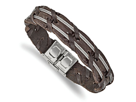 Brown Leather and Stainless Steel Polished Cable 8.5-inch Bracelet