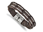 Brown Leather and Stainless Steel Polished Cable 8.5-inch Bracelet