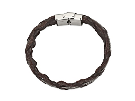 Brown Leather and Stainless Steel Polished Cable 8.5-inch Bracelet