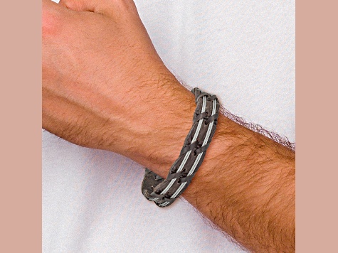 Brown Leather and Stainless Steel Polished Cable 8.5-inch Bracelet