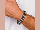 Brown Leather and Stainless Steel Polished Cable 8.5-inch Bracelet