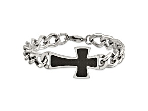 Stainless Steel Polished Black Carbon Fiber Inlay Cross Bracelet