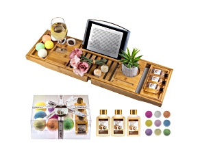 Lovery Premium Bamboo Bathtub Caddy Gift Set - Expandable Tray- 13 pc