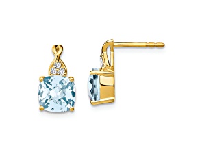 10k Yellow Gold 3.364ctw Checkerboard Blue Aquamarine March Birthstone and Diamond Stud Earrings