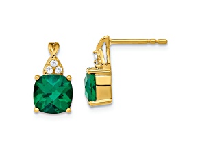 10k Yellow Gold 3.364ctw Checkerboard Lab Created Emerald Birthstone and Diamond Stud Earrings
