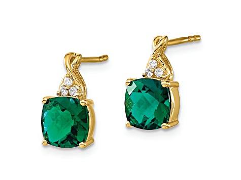 10k Yellow Gold 3.364ctw Checkerboard Lab Created Emerald Birthstone and Diamond Stud Earrings