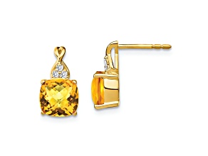 10k Yellow Gold 3.364ctw Checkerboard Citrine November Birthstone and Diamond Stud Earrings