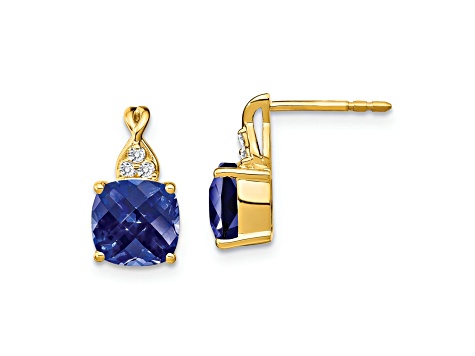10k Yellow Gold 3.364ctw Checkerboard Created Sapphire Birthstone and Diamond Stud Earrings