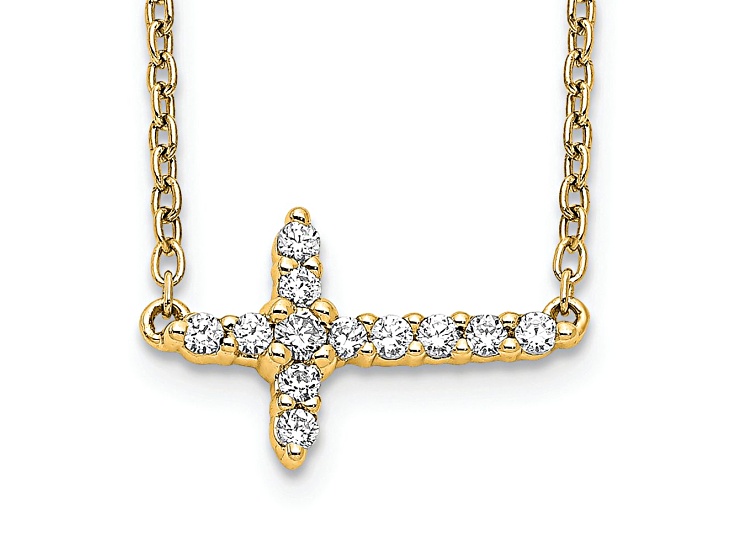 14K Yellow Gold Lab Grown Diamond Sideways Cross 18 Inch Necklace
