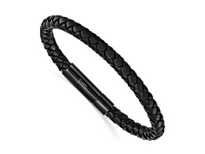 Stainless Steel Polished Black Ion Plated Black Leather 8.25-inch Bracelet