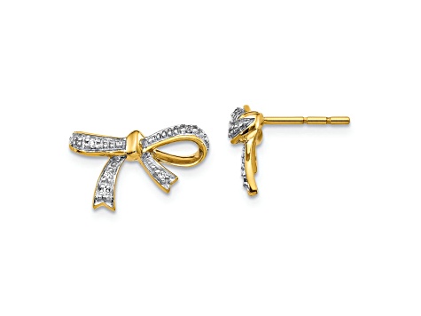 14K Yellow Gold and Rhodium Over 14K Gold Diamond Bow Post Earrings