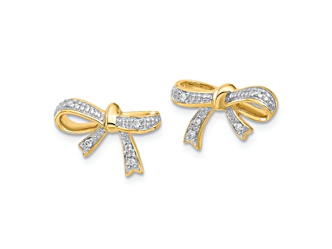 14K Yellow Gold and Rhodium Over 14K Gold Diamond Bow Post Earrings