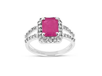 Picture of 8x6mm Rectangular Octagonal Ruby and White Topaz Sterling Silver Halo Split Shank Ring, 1.72ctw