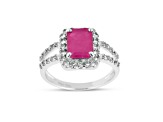 8x6mm Rectangular Octagonal Ruby and White Topaz Sterling Silver Halo Split Shank Ring, 1.72ctw