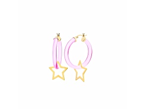 14K Yellow Gold Over Sterling Silver Lucite Star Charm Hoop Earrings in Pink