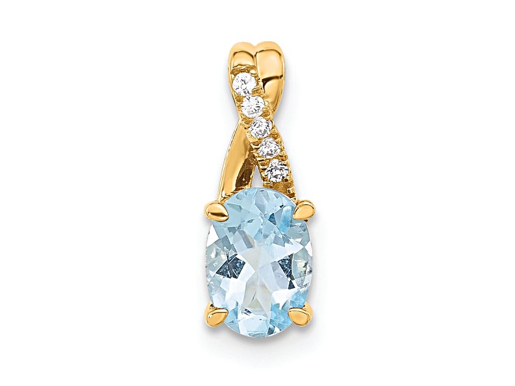 10k Yellow Gold 0.725 cttw Oval Blue Aquamarine March Birthstone and Diamond Pendant