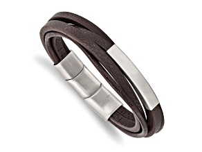 Brown Faux Leather and Stainless Steel Brushed Brown Multi-Strand with 0.5-inch Extension Bracelet