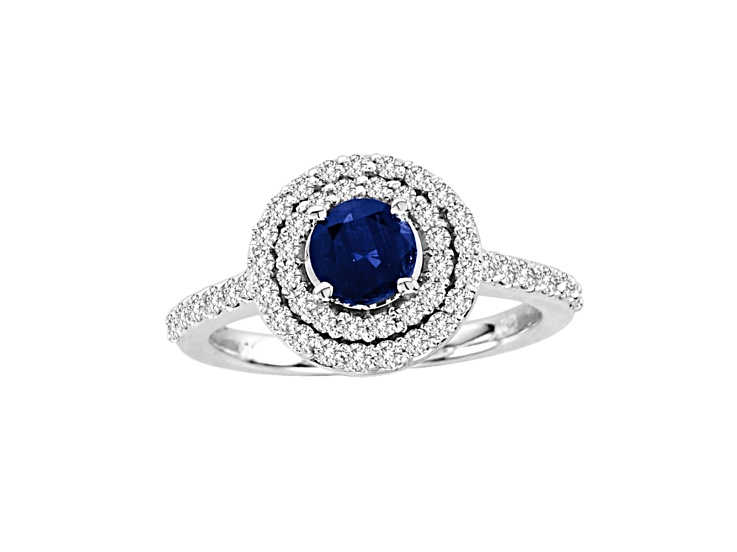 Sapphire and Diamond 14k White Gold Double Halo Engagement Ring 1.25ctw
