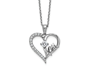 Rhodium Over Sterling Silver Polished Cubic Zirconia Mom Heart with 2 Inch Extension Necklace