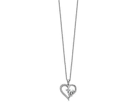 Rhodium Over Sterling Silver Polished Cubic Zirconia Mom Heart with 2 Inch Extension Necklace