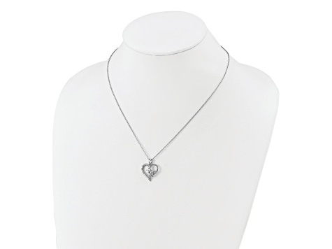 Rhodium Over Sterling Silver Polished Cubic Zirconia Mom Heart with 2 Inch Extension Necklace