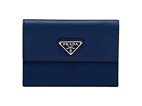 Prada Blue Saffiano Triangle Logo Card Holder Wallet