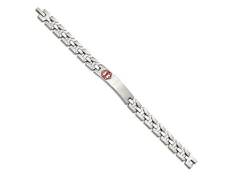 Stainless Steel Brushed and Polished Red Enamel 8-inch Medical ID Bracelet