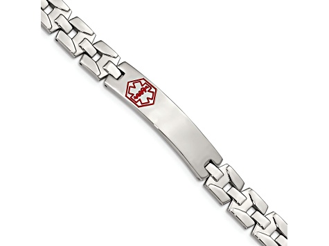 Stainless Steel Brushed and Polished Red Enamel 8-inch Medical ID Bracelet
