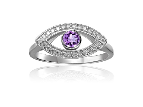 Amethyst with Moissanite Accents Rhodium Over Sterling Silver Evil Eye Halo Ring