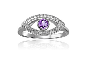 Amethyst with Moissanite Accents Rhodium Over Sterling Silver Evil Eye Halo Ring
