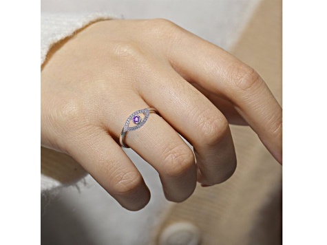 Amethyst with Moissanite Accents Rhodium Over Sterling Silver Evil Eye Halo Ring