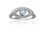 Blue Topaz with Moissanite Accents Rhodium Over Sterling Silver Evil Eye Halo Ring