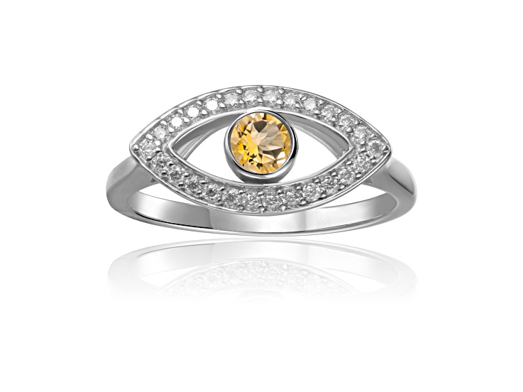 Yellow Citrine with Moissanite Rhodium Over Sterling Silver Evil Eye Ring Evil Eye Jewelry