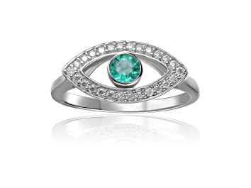 Picture of Emerald with Moissanite Accents Rhodium Over Sterling Silver Evil Eye Halo Ring