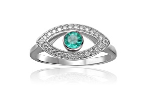 Emerald with Moissanite Accents Rhodium Over Sterling Silver Evil Eye Halo Ring