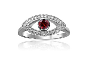 Garnet with Moissanite Accents Rhodium Over Sterling Silver Evil Eye Halo Ring
