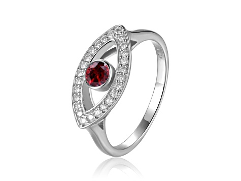 Garnet with Moissanite Accents Rhodium Over Sterling Silver Evil Eye Halo Ring