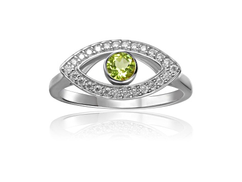 Peridot with Moissanite Accents Rhodium Over Sterling Silver Evil Eye Halo Ring